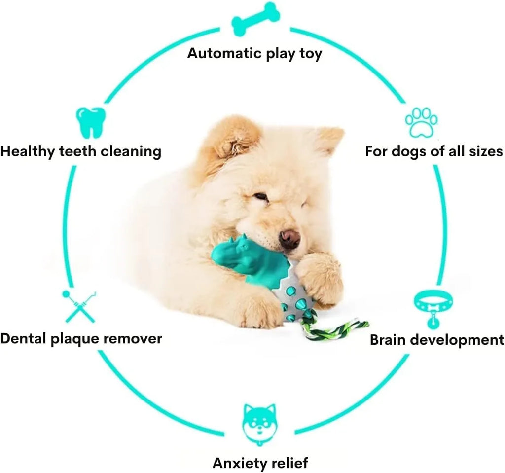Blue durable dinosaur-shaped dog chew toy with textured grooves and an attached rope for aggressive chewers