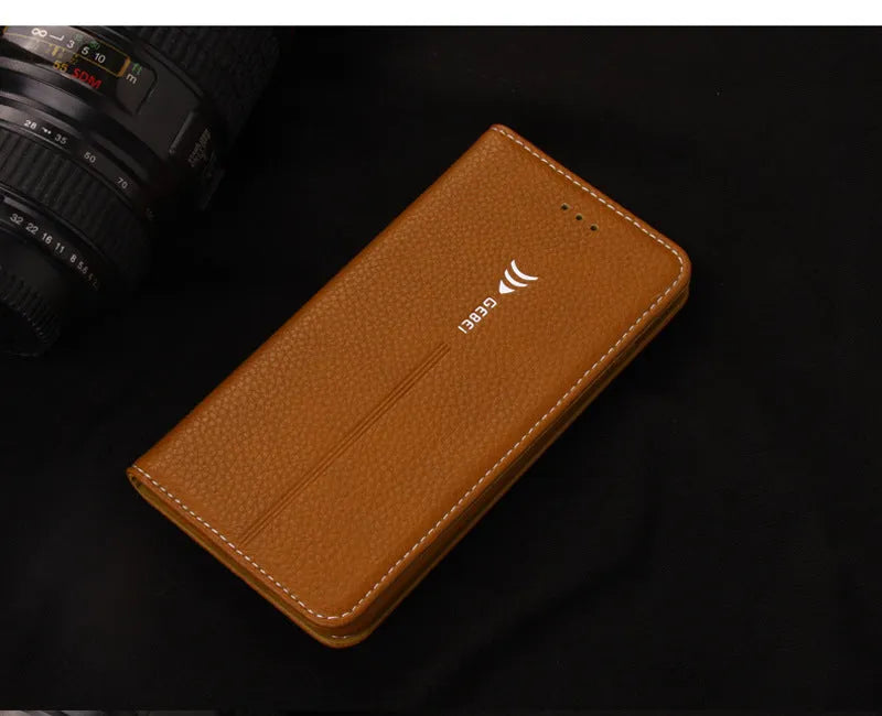 Brown PU leather wallet phone case for iPhone showing card slots and cash pocket.