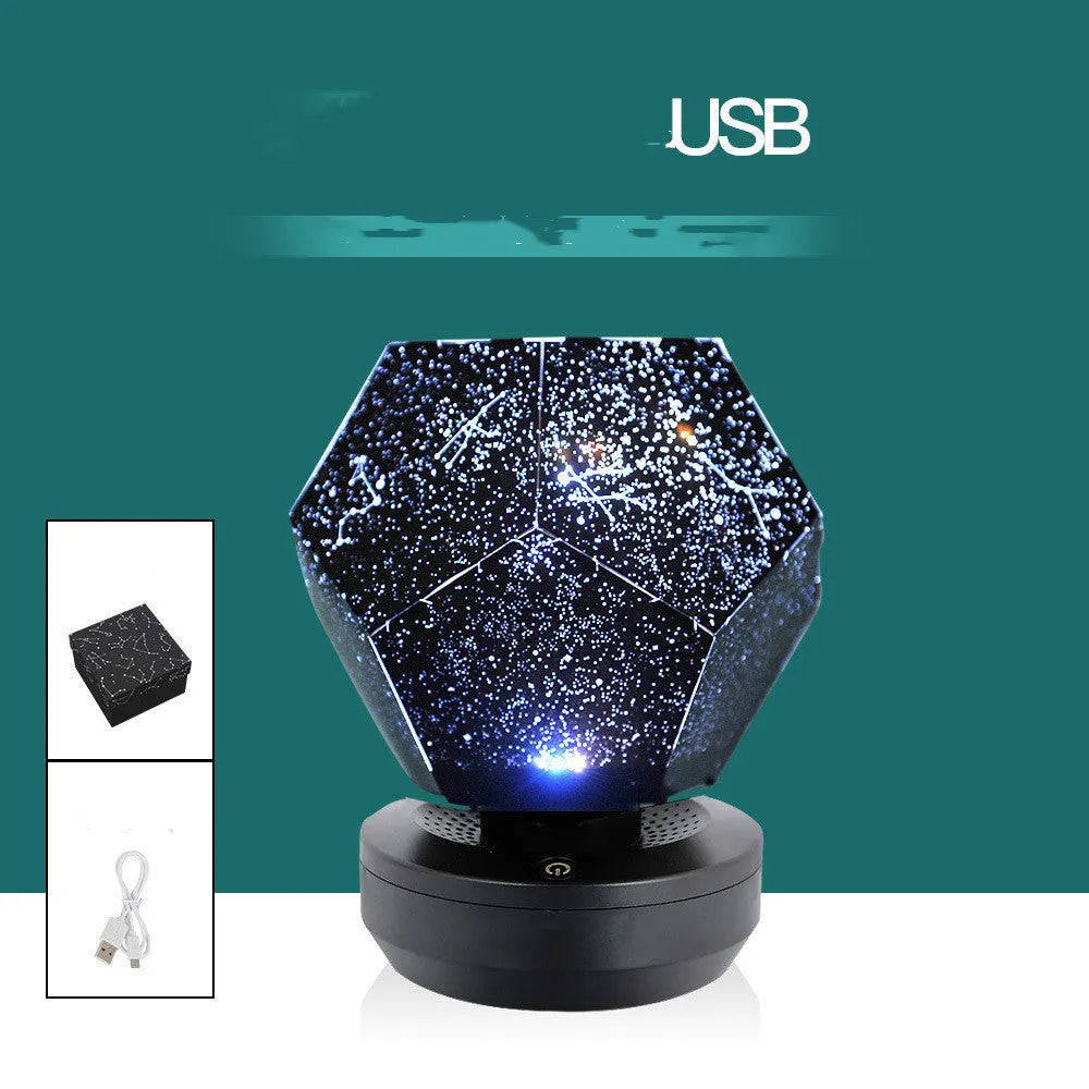 LED starry sky projector showing constellation projection on bedroom ceiling with remote control