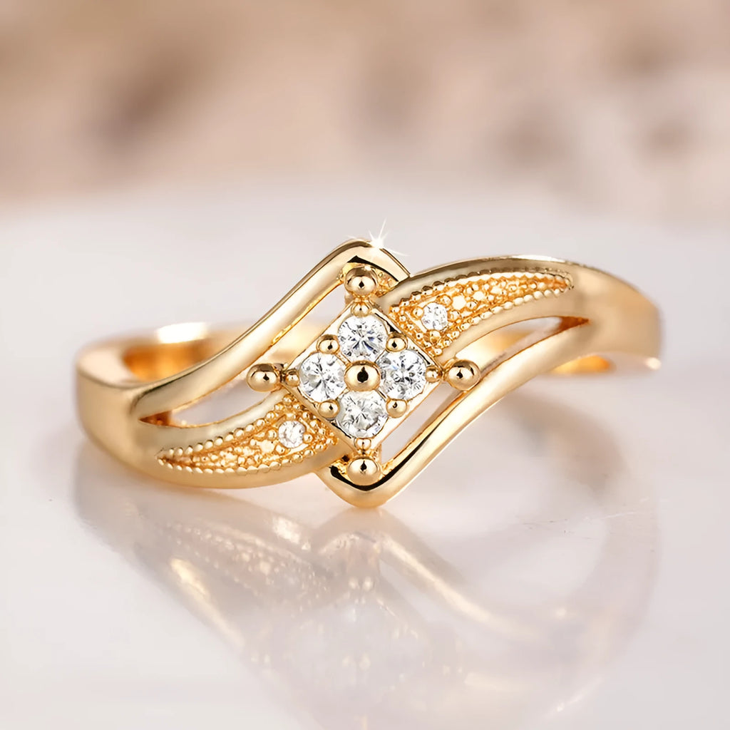 Copper diamond-shaped geometric ring with micro inlaid zircon stones in yellow gold colour