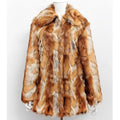 Women's tiger print faux fur jacket in a medium-length street fashion style.