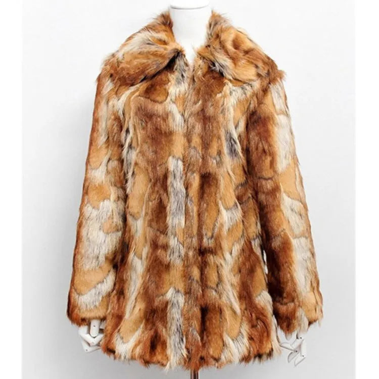 Women's tiger print faux fur jacket in a medium-length street fashion style.