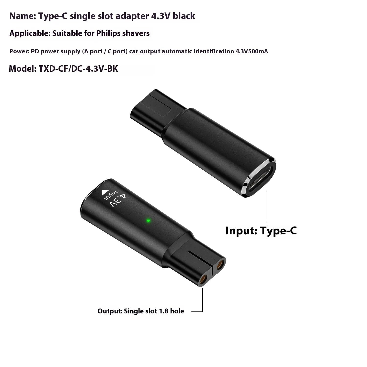 USB-C to 4.3V charging adapter for electric shavers in black aluminium alloy casing