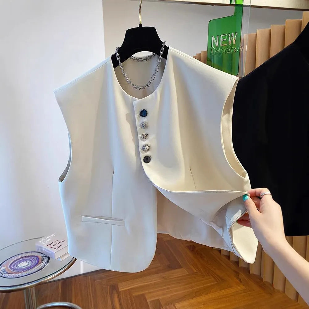 Beige loose-fitting polyester waistcoat with pockets on a hanger