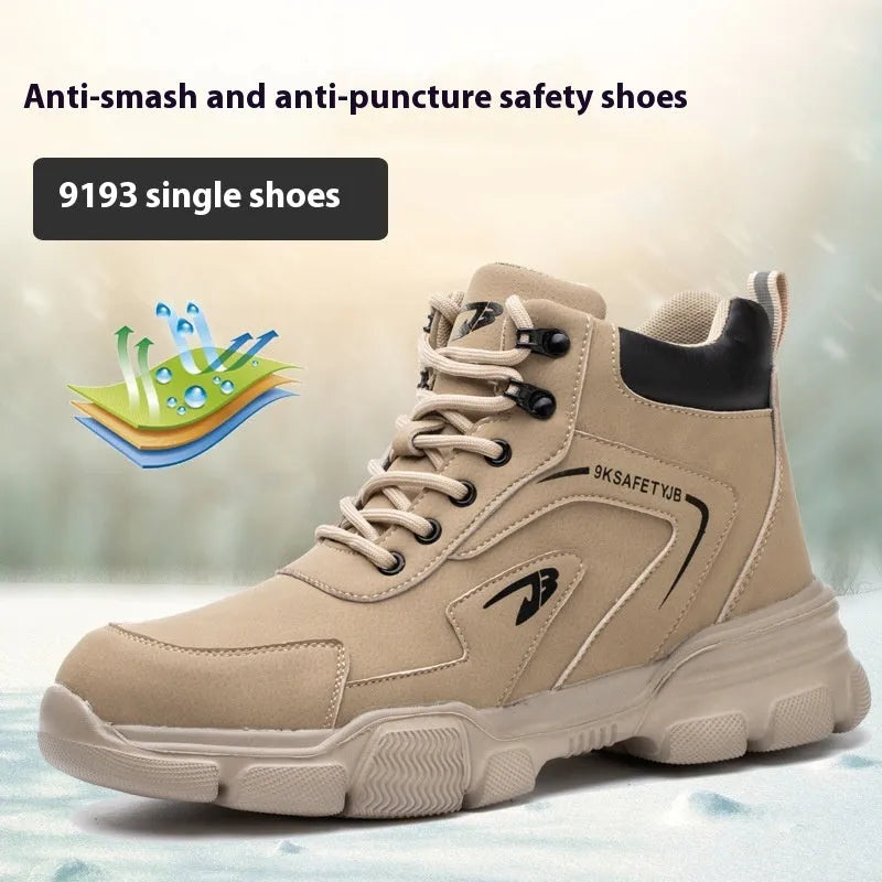 Brown leather steel toe cap safety work boots with a rubber sole on a work site background.