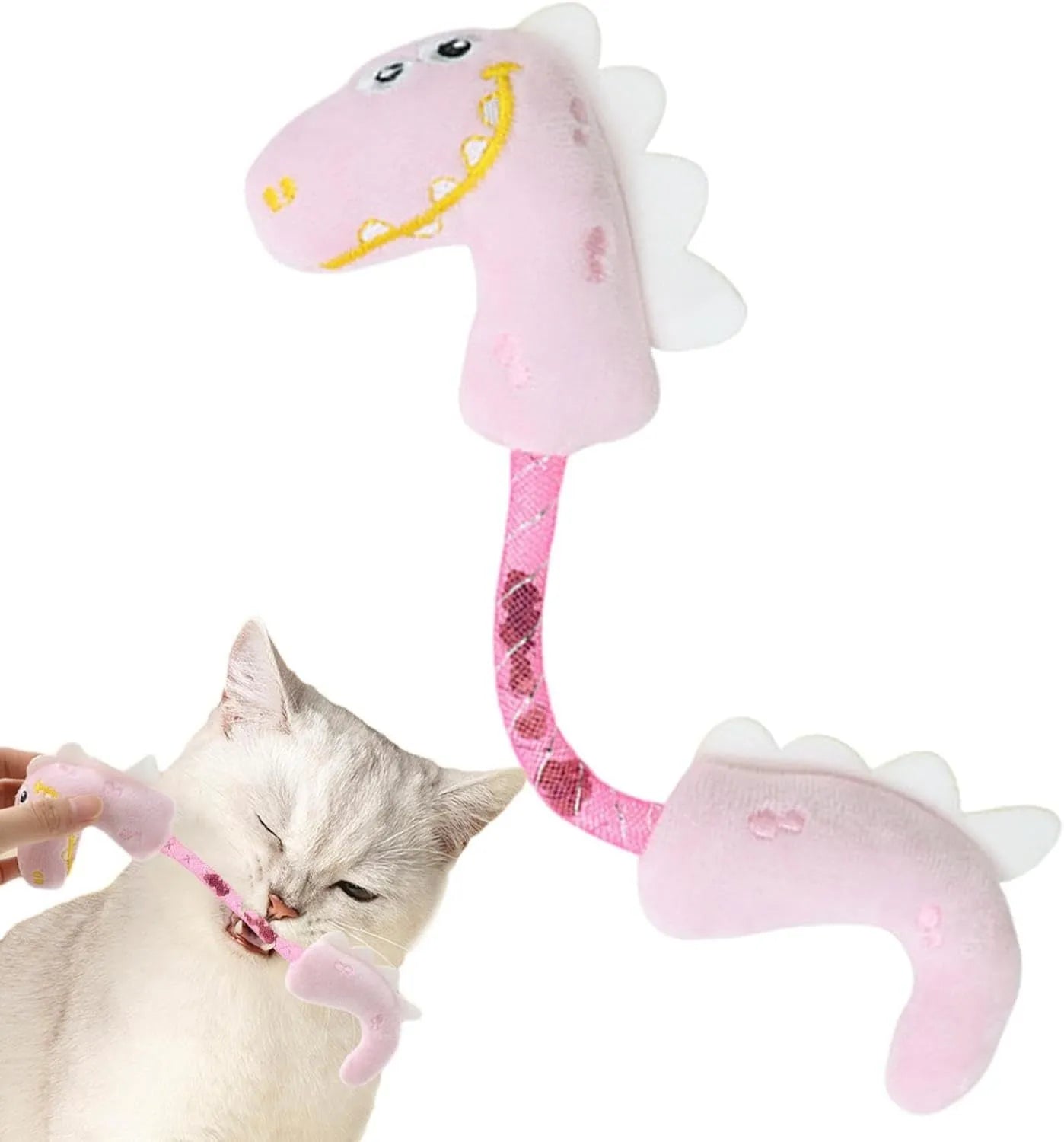 Bundle of four cat toys including rope toys, springs, kicker toys, and plush chew toys in pink, purple, or yellow colours