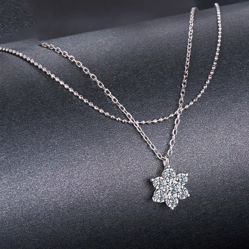 Original winter snowflake double layer moissanite necklace in 925 silver with adjustable O-shaped chain