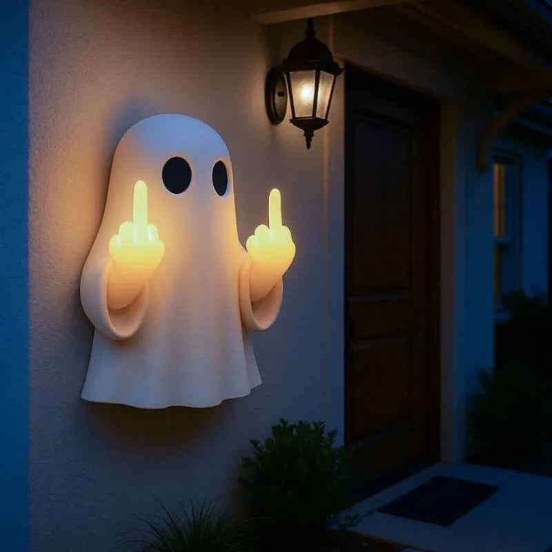 White plastic ghost statue Halloween night lamp with battery-operated LED light, 19.85cm tall