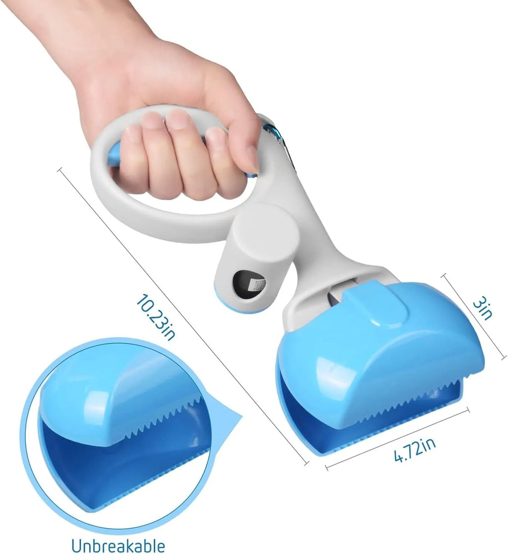A black ABS plastic pet pooper scooper with an integrated trash bag holder and a top hook.
