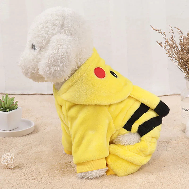 Fleece hooded pet coat for dog or cat in cartoon cosplay design on a mannequin