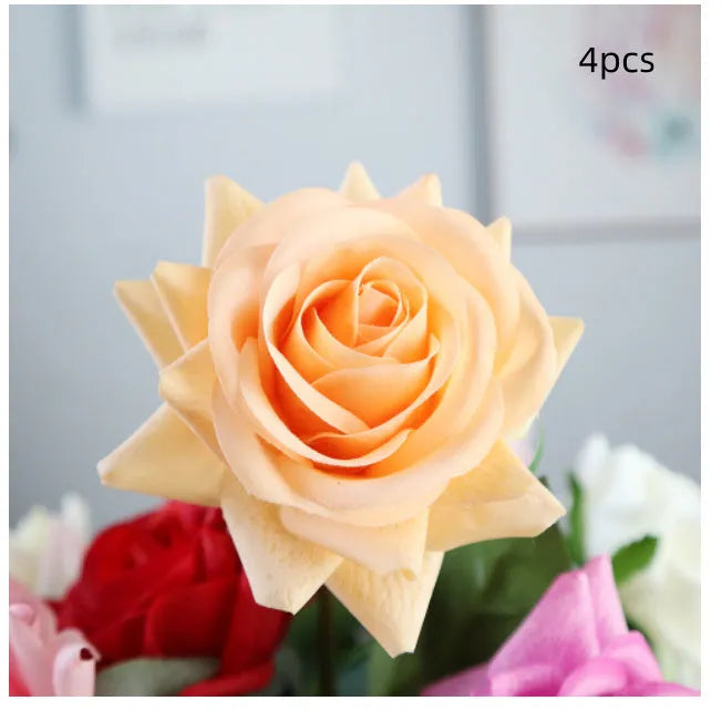 Artificial silk touch rose flower with red petals on a green plastic stem, showing approximate 42cm length.