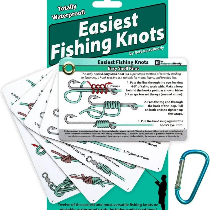 Set of 5 metal fishing knot diagram cards with clear knot illustrations on a metal surface