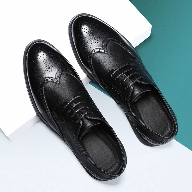 Men's black and brown brogue formal shoes with wingtip perforations, shown on a plain background.