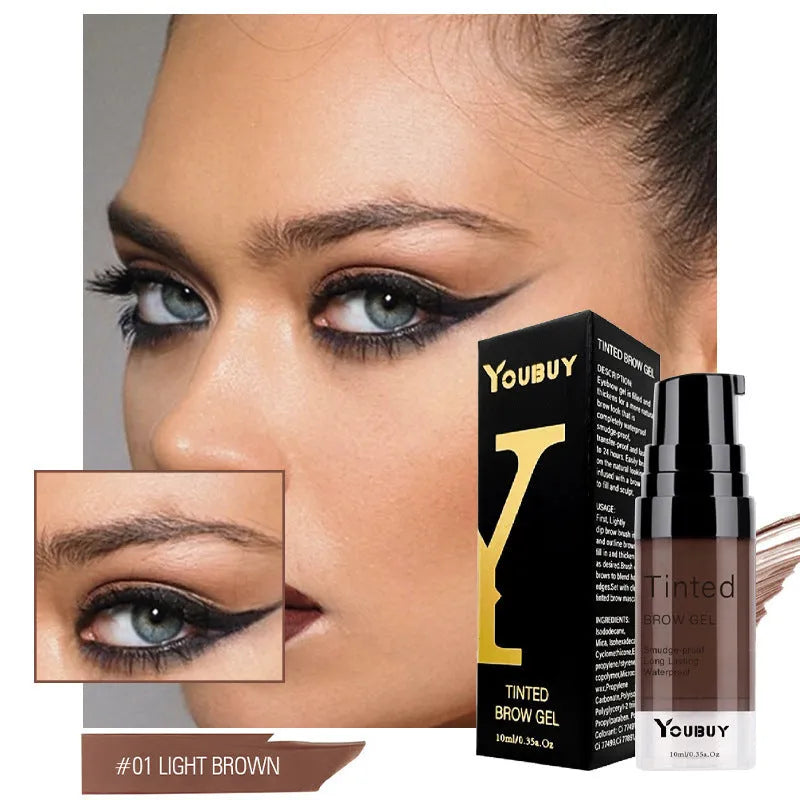 Waterproof quick-drying eyebrow cream in dark grey and golden yellow shades for brow definition.
