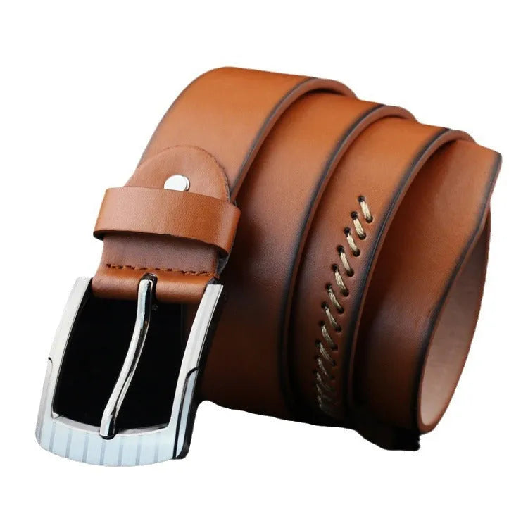 Men's retro style threading pattern belt with alloy pin buckle in black, brown or white