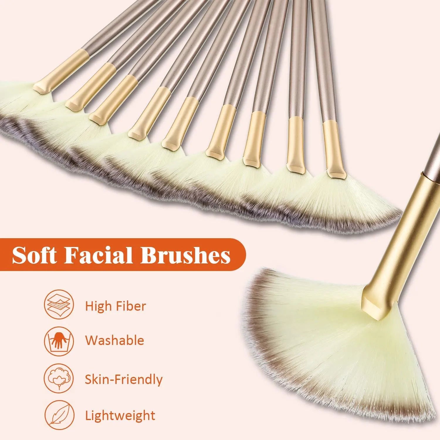 10 professional facial fan brushes with champagne finish acrylic handles and protective covers
