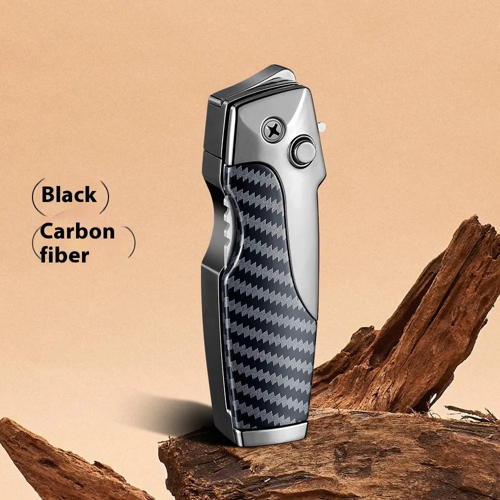 Metal folding lighter with integrated pocket knife tool in a wood grain finish.