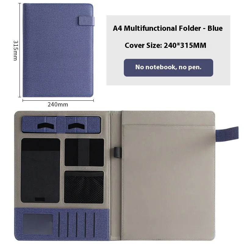 Leather A4 business folder in black showing document, pen, and notepad compartments