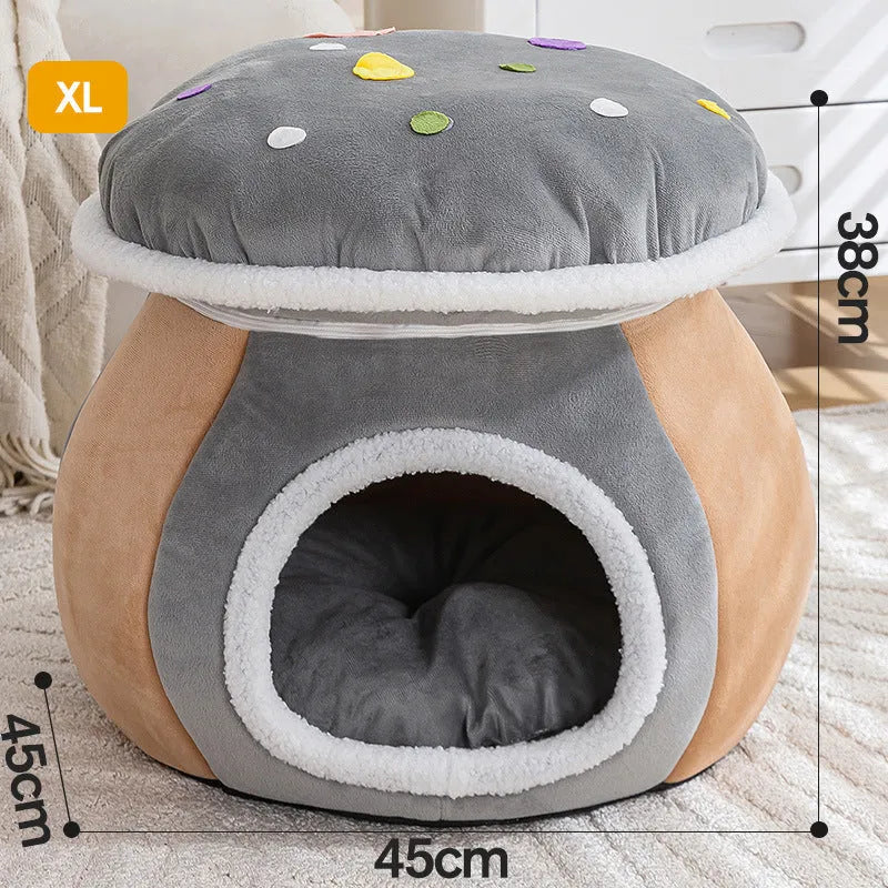 Grey mushroom-shaped plush cat bed nest for small pets on a white background.