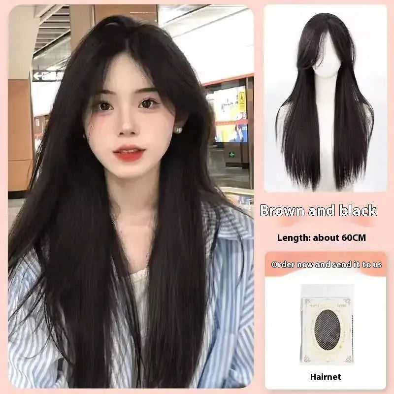 Natural black full-head forehead lace wig with straight mid-length hair displayed with comb, clip, bracket, and bottle.