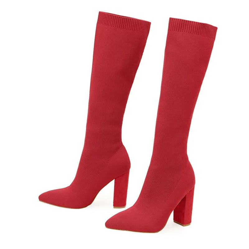 Women's large size stretch pointed toe chunky heel boots in black, brown, and red