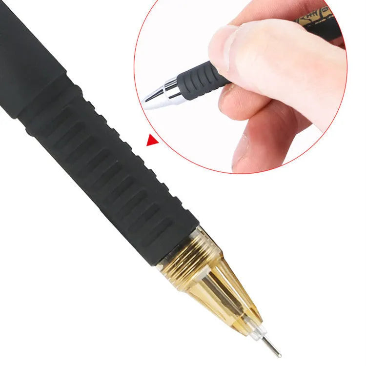 8-pack of black gel pens with snap-on caps, showing needle tip and bullet tip options.