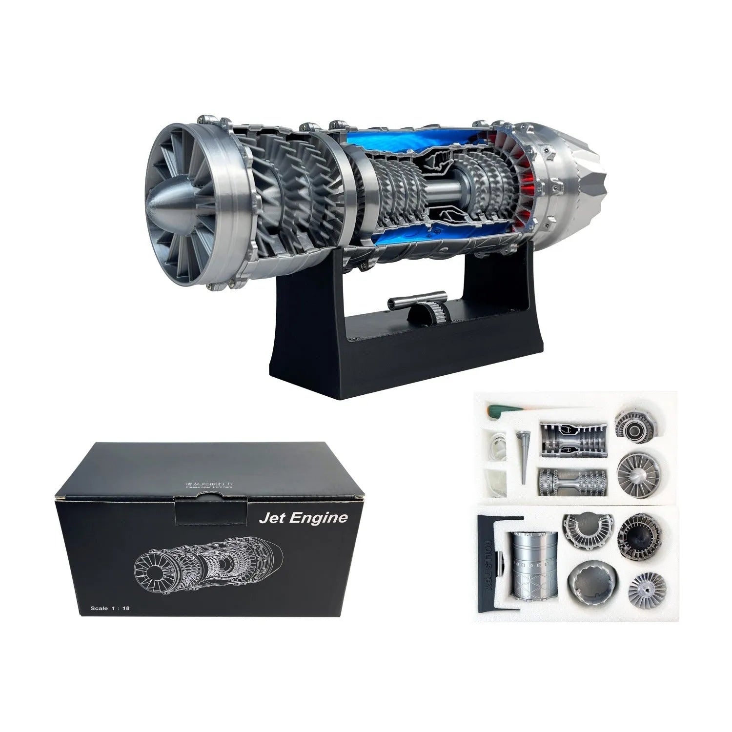 F35 fighter jet model assembling toy with plastic parts and adjustable speed engine generator on base