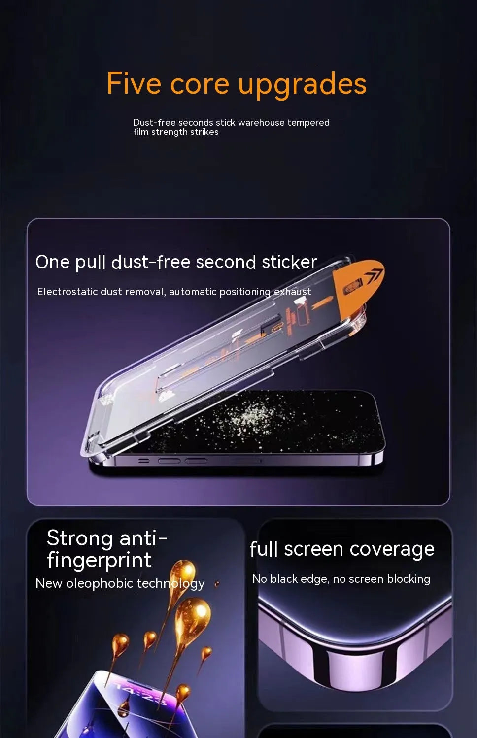Dust-free warehouse tempered glass screen protector for iPhone showing HD and peep-proof privacy options
