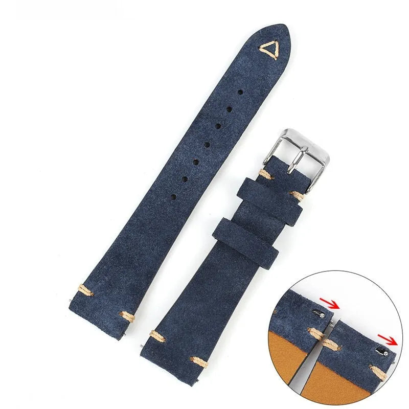 Genuine suede leather watch strap in Army Green, Blue, Brown, or Grey colour, showing 20mm and 22mm width options.