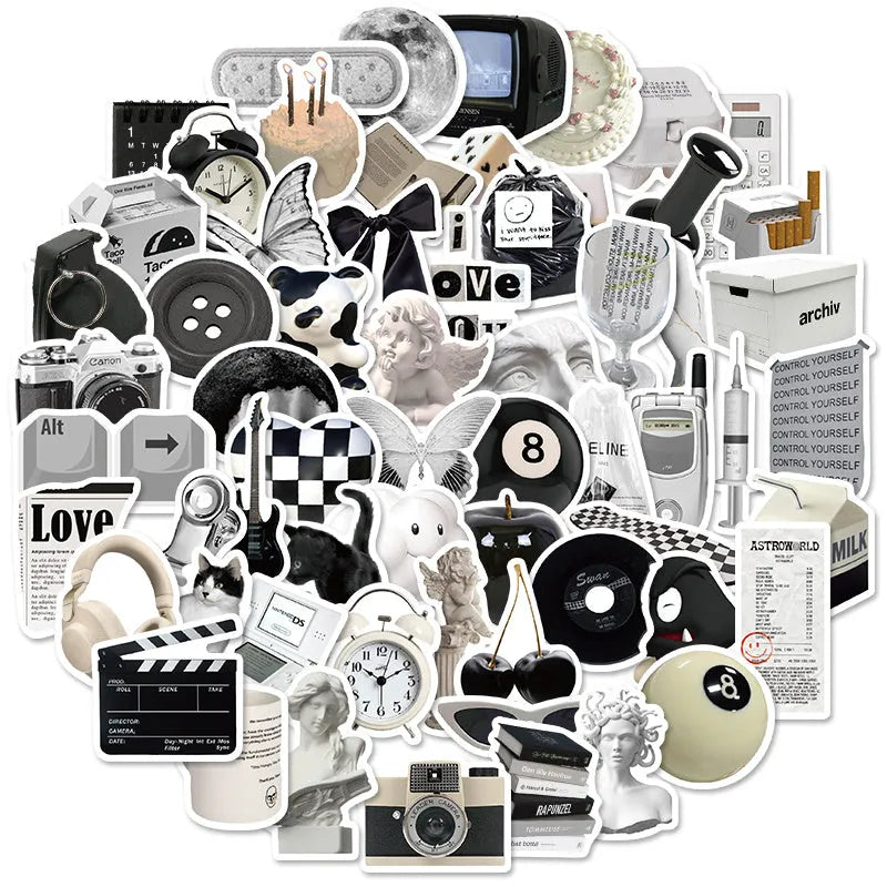 Black and white PVC waterproof stickers with coffee cup designs for laptop and phone decoration