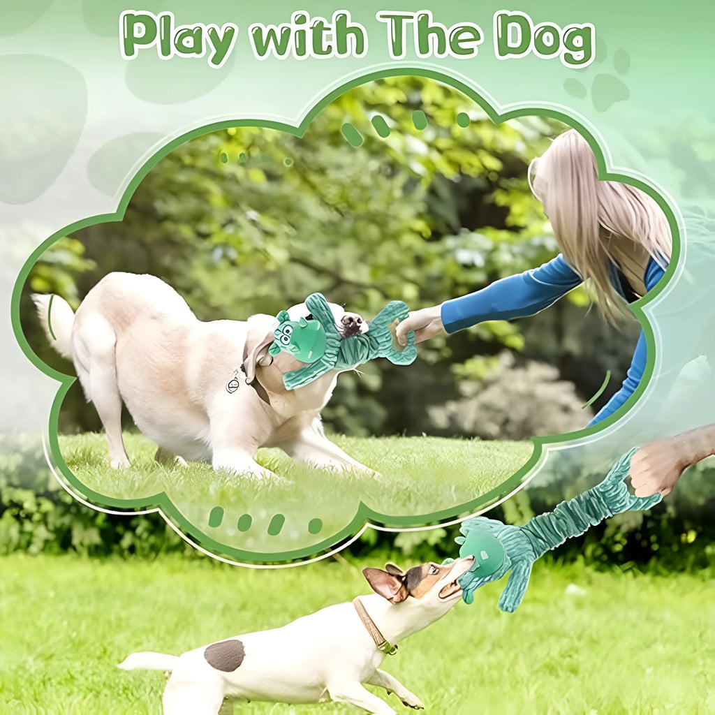 Large blue and green plush hippo dog toy with a handle, shown extended for tug of war