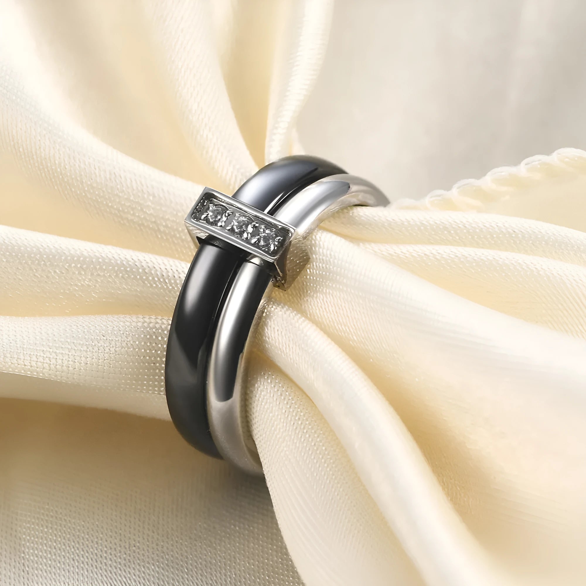 Women's ceramic ring with glossy stitching detail in steel black colour on size 8 finger