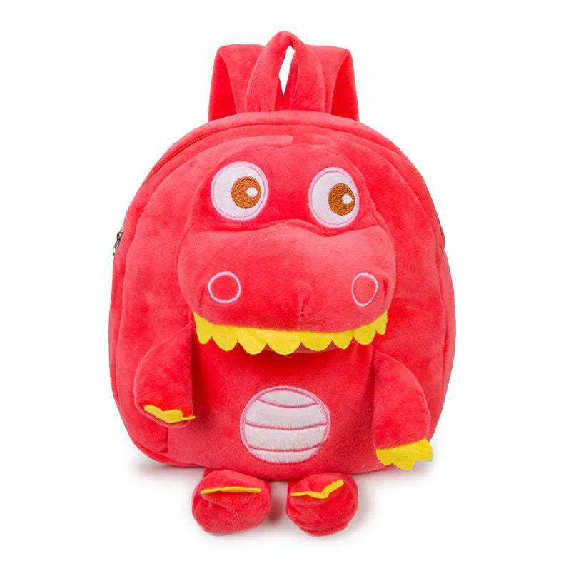 Soft blue plush dinosaur backpack for children with embroidery details and a single handle.