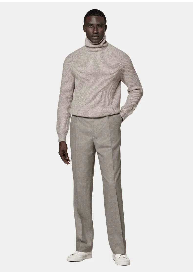 Men's 100% cashmere high-neck knitted sweater in oatmeal colour, long sleeves, front view