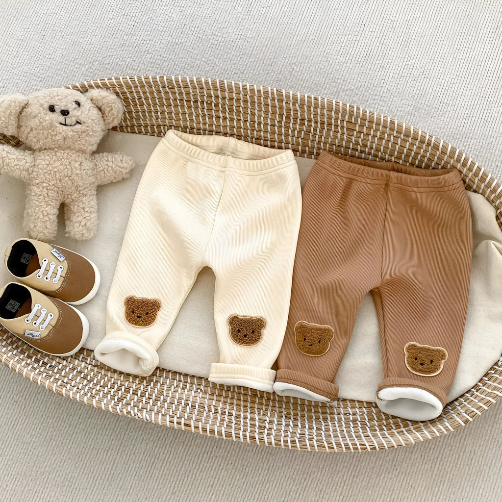 Cotton bear embroidered high-waist trousers for children, autumn winter, milk apricot colour