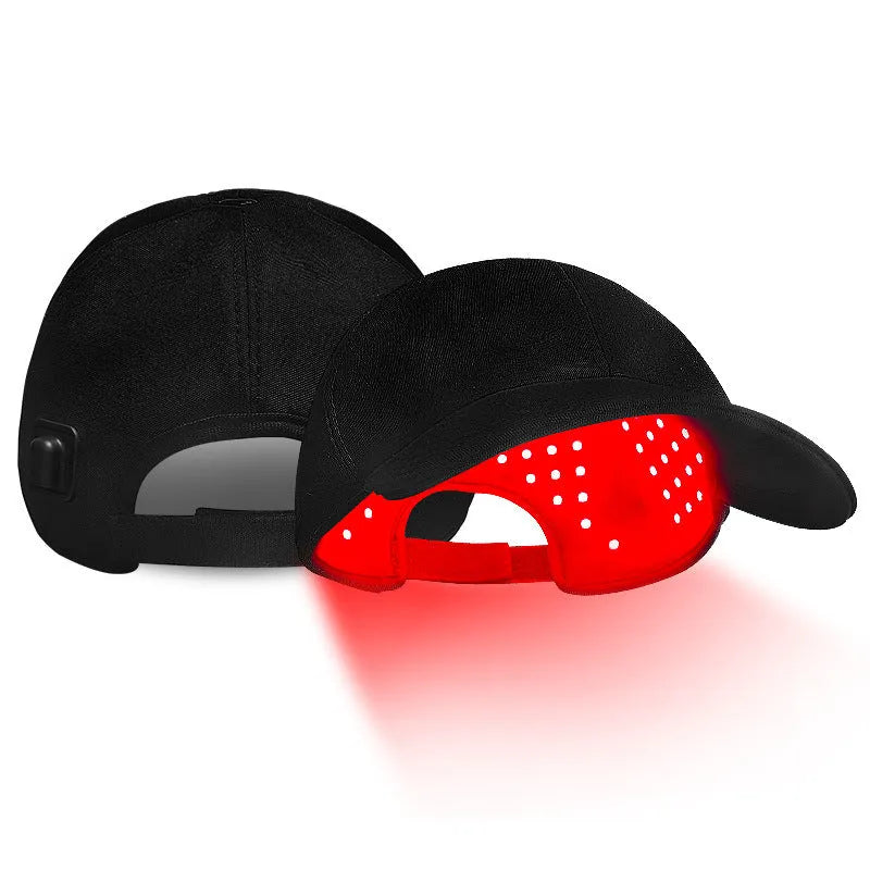 Black infrared peaked cap with 180 red LED lights for hair growth therapy on a stand.