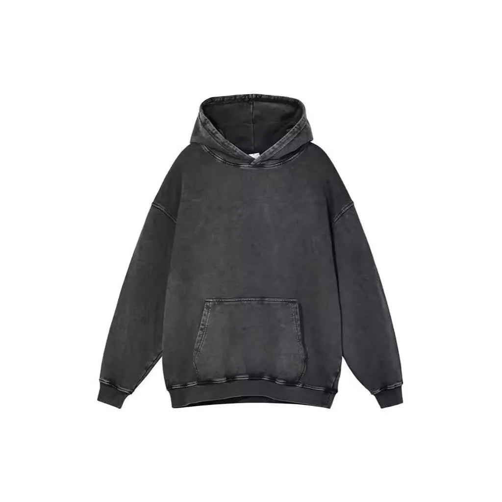 Men's retro washed loose fit cotton batik drop-shoulder pullover sweater in washing hooded brown on white background