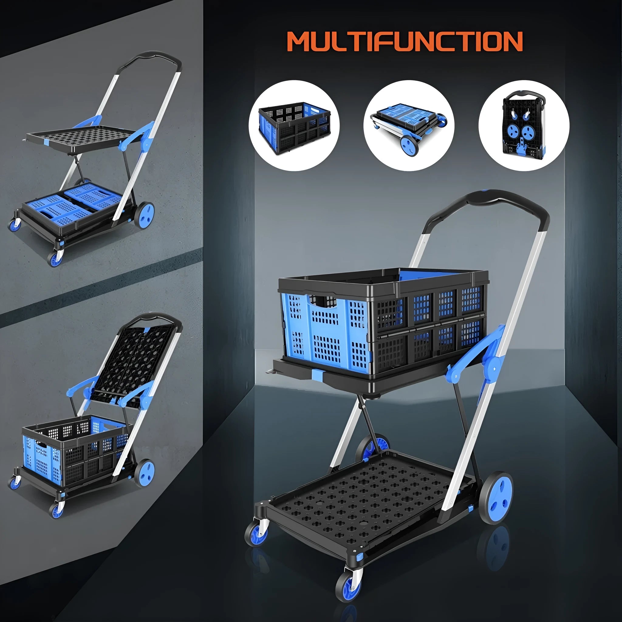 Blue foldable shopping cart with double plastic baskets collapsed for storage