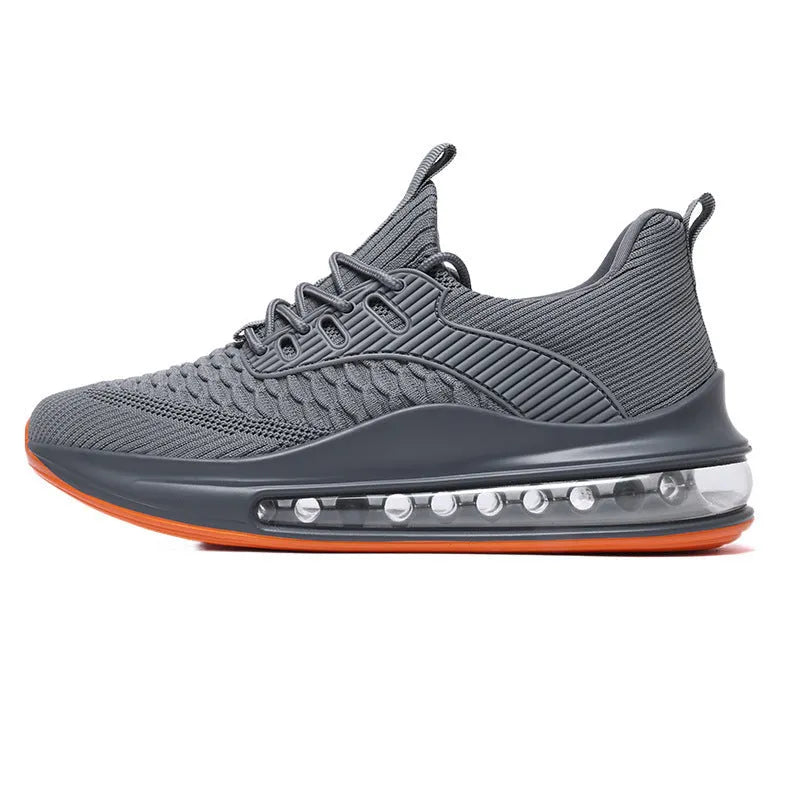 Men's black mesh running shoes with platform sole and lace-up closure
