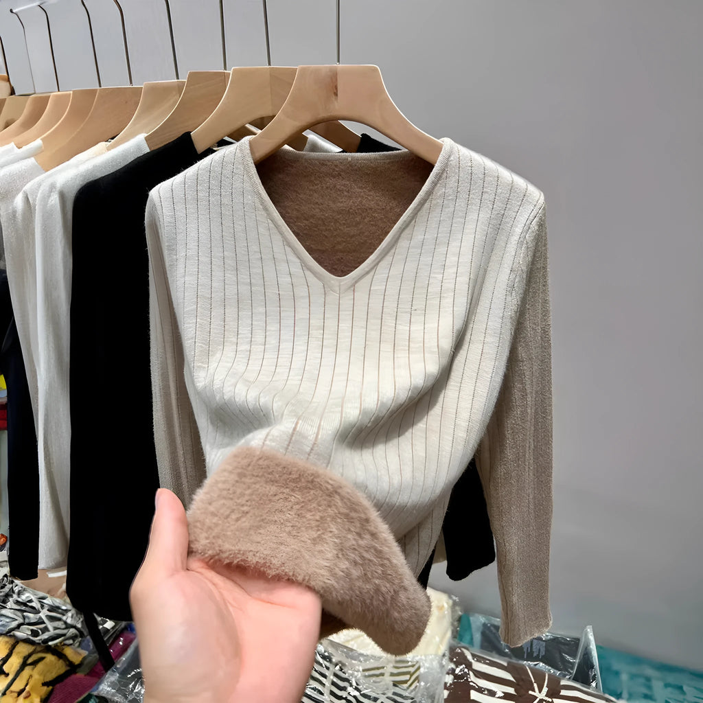 Fluffy V-neck long sleeve t-shirt sweater for women in khaki colour, soft viscose fabric pullover casual top