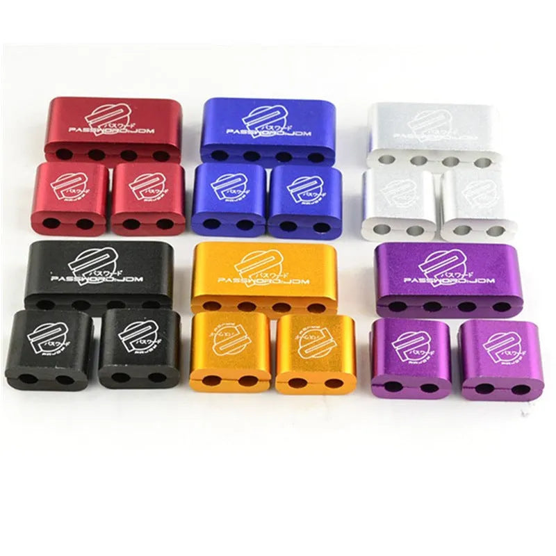 Three-piece metal automotive fastening clamp in six colour options, showing 55x30x25mm dimensions with metal sleeve.