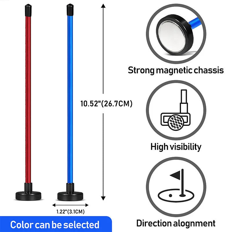 Red aluminium golf swing trainer with magnetic baseball bar alignment system attached to golf club