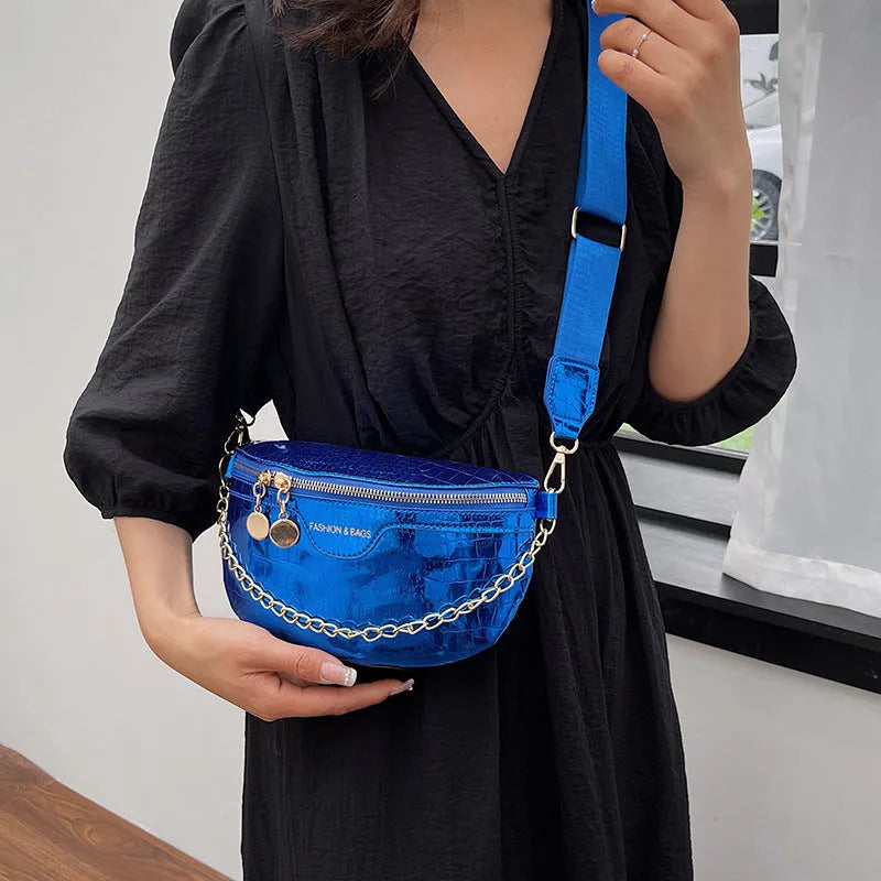 Shiny PU chest bag with chain shoulder strap available in silver colour