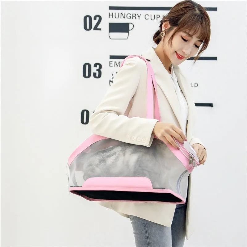MOORPET leather cat carry bag in beige with structured sides and top handle.