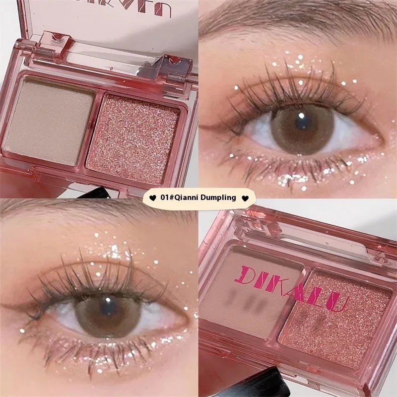 Cool two-tone eye shadow plate showing five colour classifications with matte and shimmer finishes