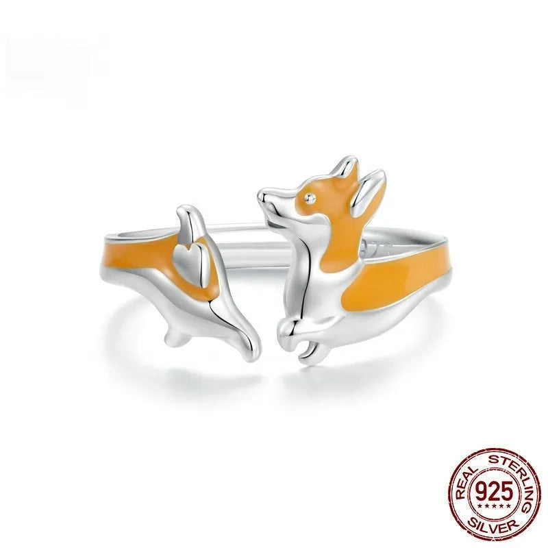 Silver ring featuring a cute cartoon corgi dog design with electroplated SCR1014-E colour finish.
