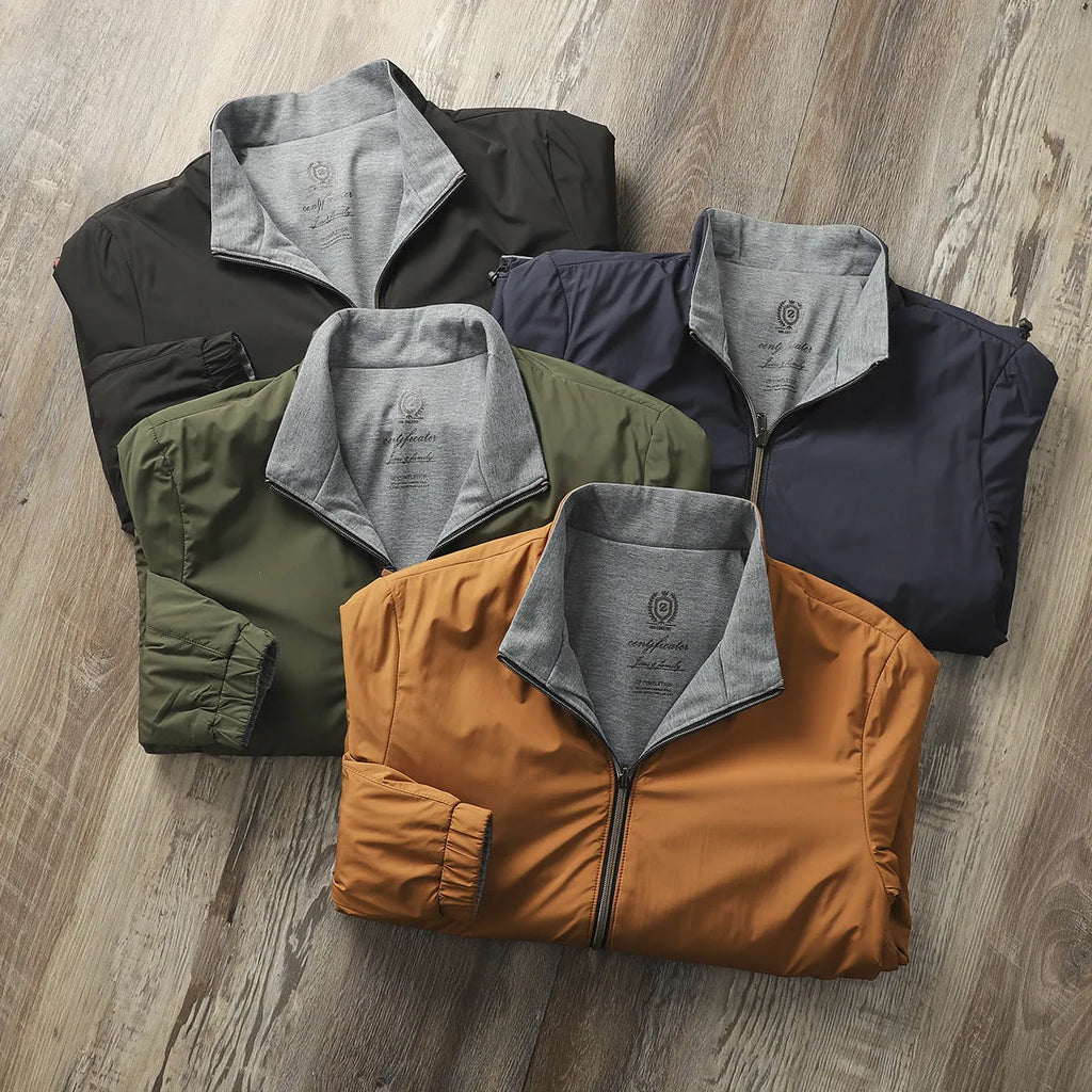 Men's simple stand collar jacket in a polyester blend, shown in Army Green colour.