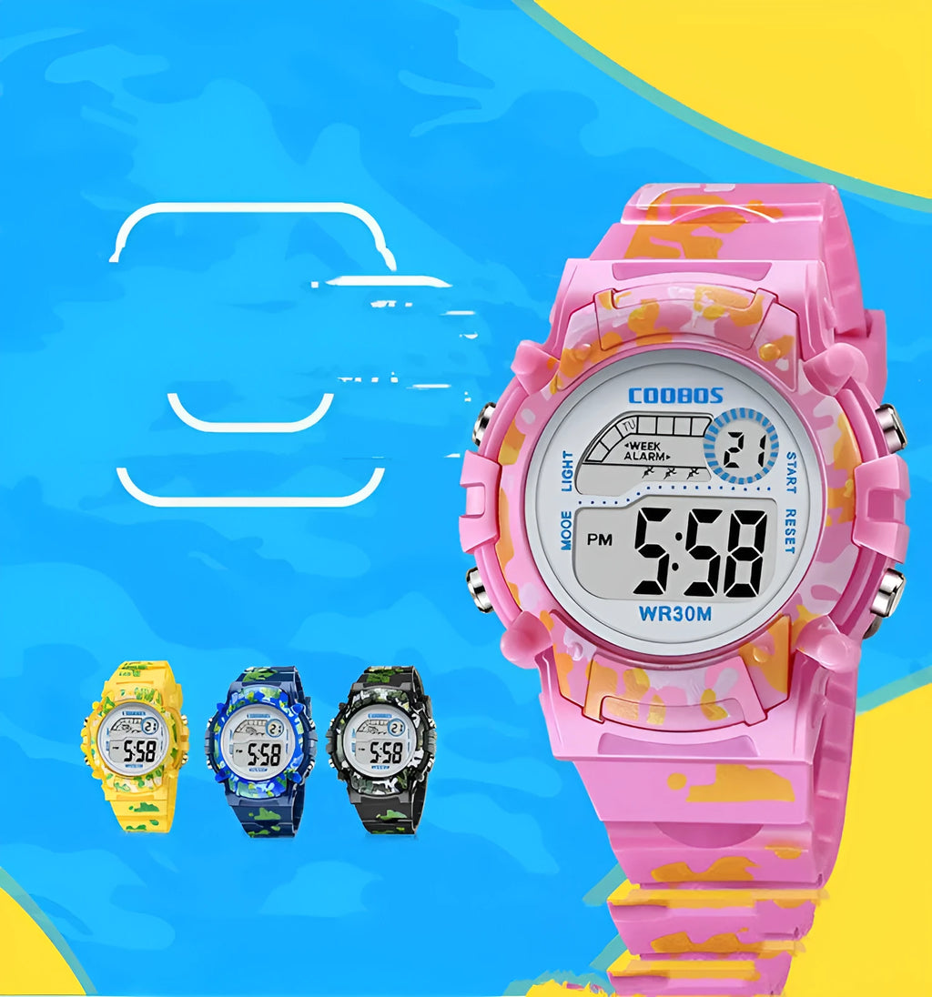 Children's electronic watch with 30mm round dial and silicone strap in blue colour on a child's wrist