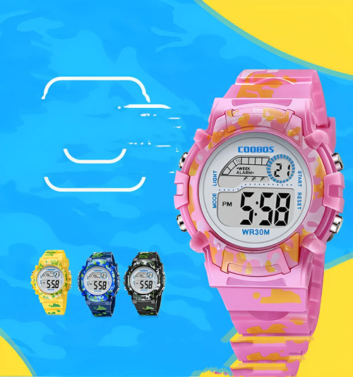 Children's electronic watch with 30mm round dial and silicone strap in blue colour on a child's wrist