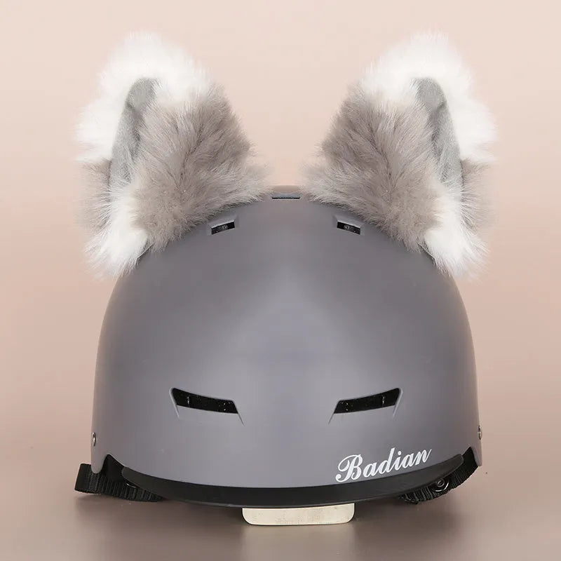 A plush fabric cartoon helmet cover set for adults, showing character designs like a bear and dinosaur for cosplay.